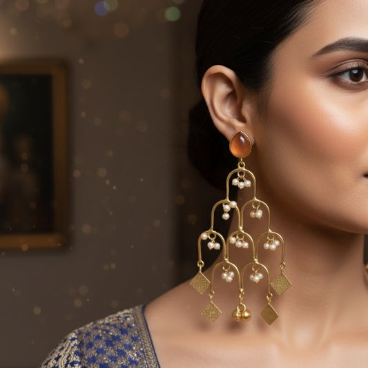 Classy Moissanite Orange stoned embellished with Pearl teardrop Earrings
