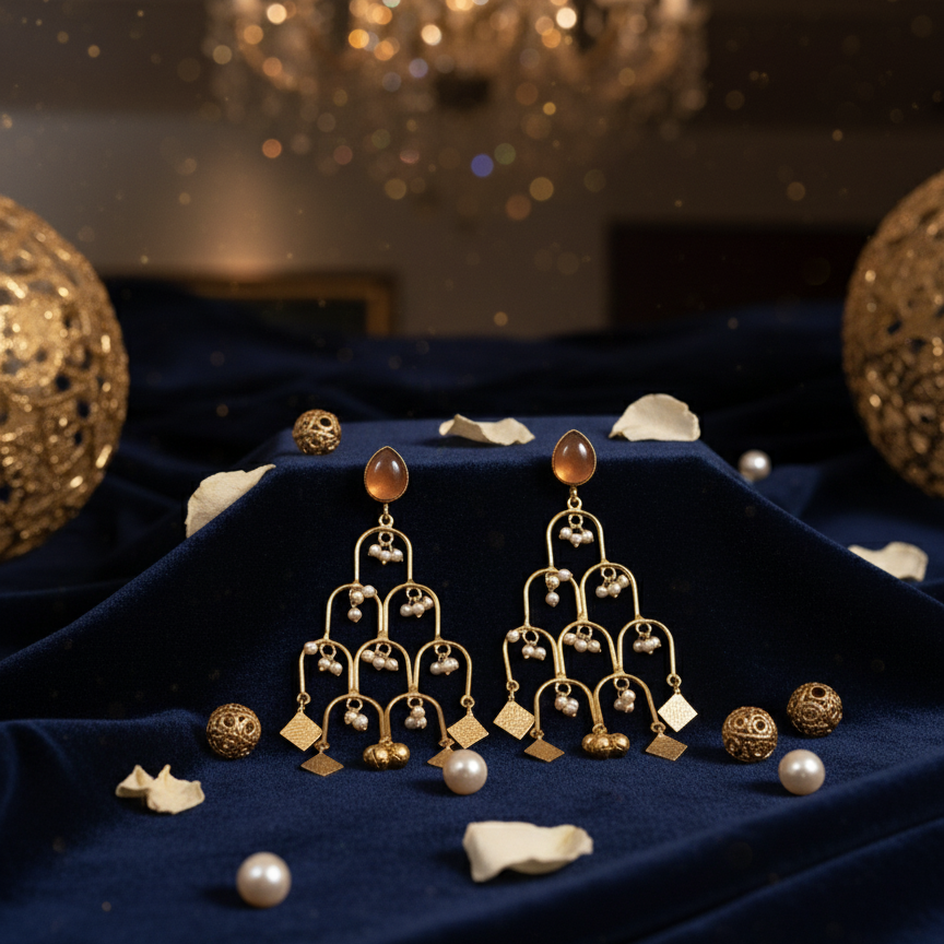 Classy Moissanite Orange stoned embellished with Pearl teardrop Earrings