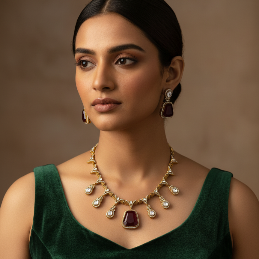 Classy Moissanite Premium Kundan Necklace and Earrings