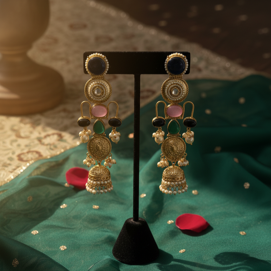 Designer Moissanite Multicolour Royal Long Jhumki Earrings