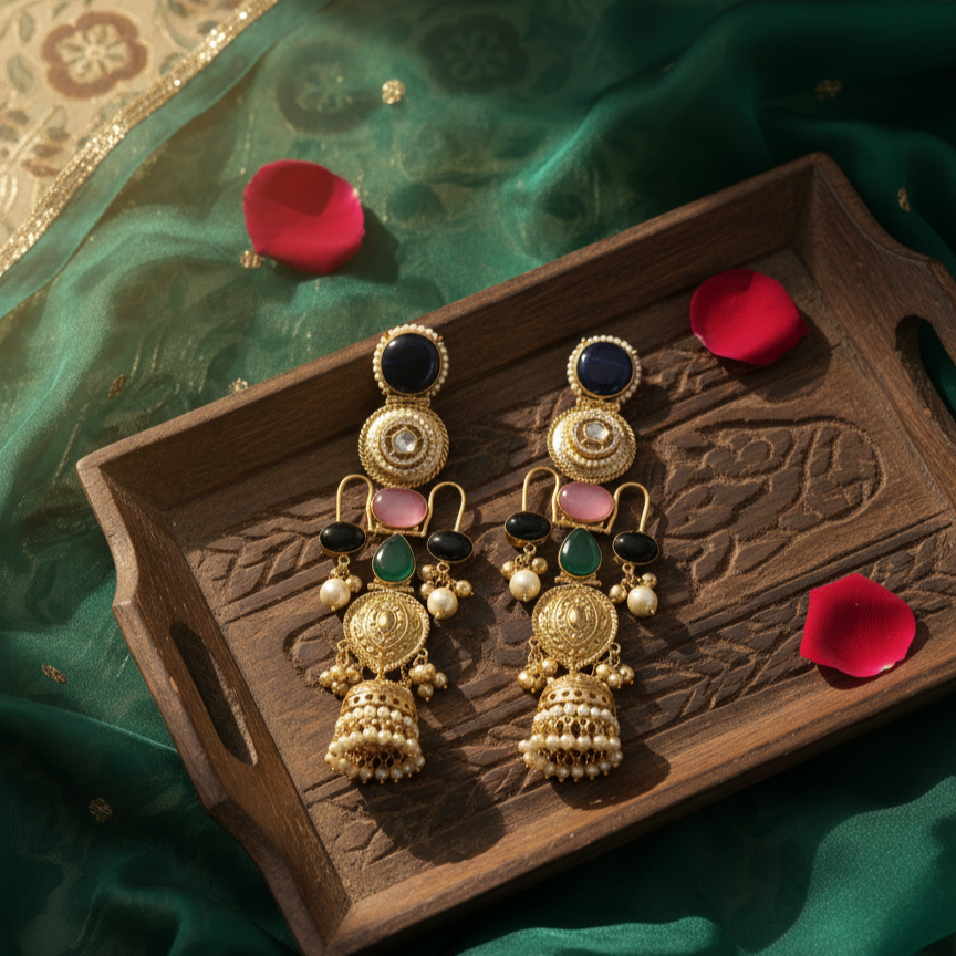 Designer Moissanite Multicolour Royal Long Jhumki Earrings