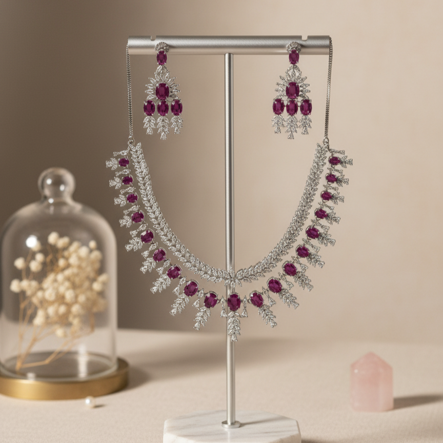 Riya Zirconia Bridal Layered Pink Necklace Set
