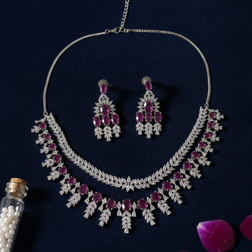 Riya Zirconia Bridal Layered Pink Necklace Set