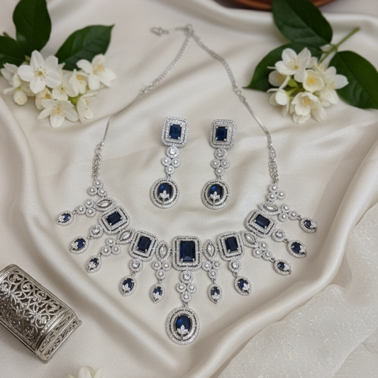 Ramaya Elegant Zirconia Blue Stoned Necklace Set with Mangtikka