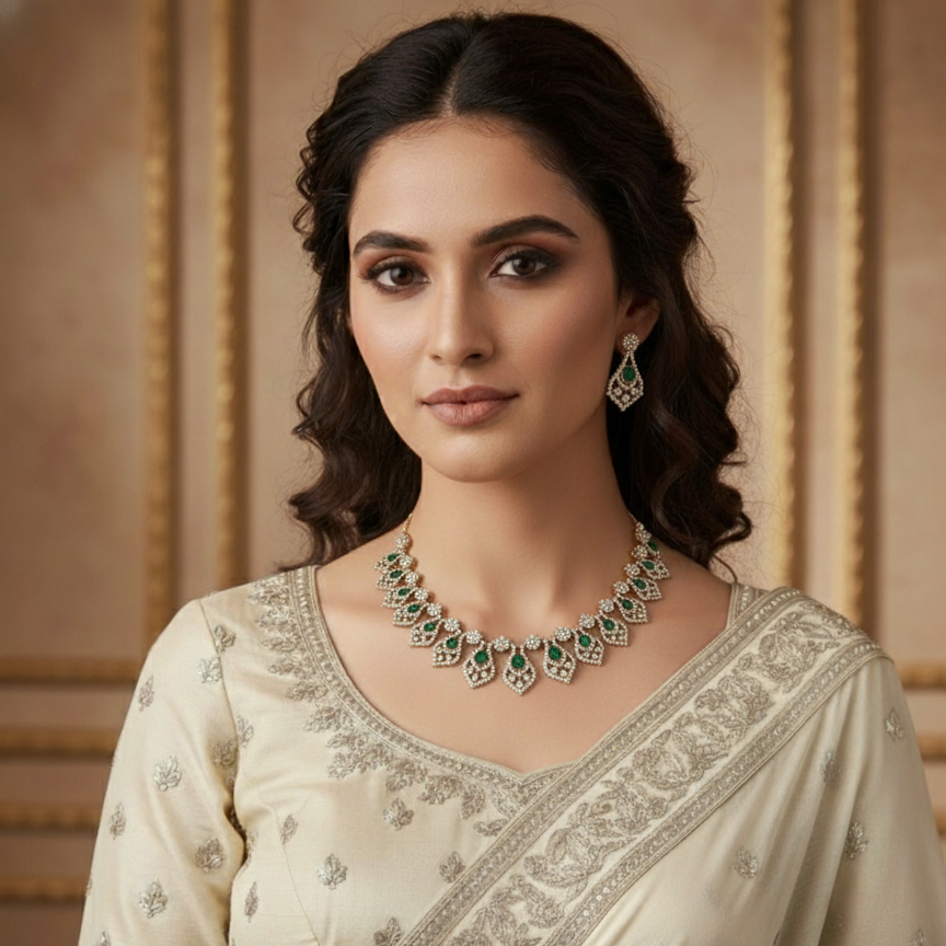 Classy and Chic Diamond Shaped Mehndi Polish AD Necklace Set