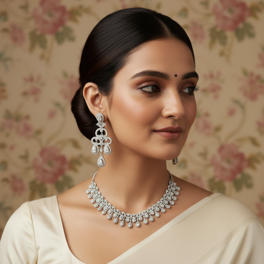 Tara Trendy Moissanite AD Drops Necklace and Earrings Set