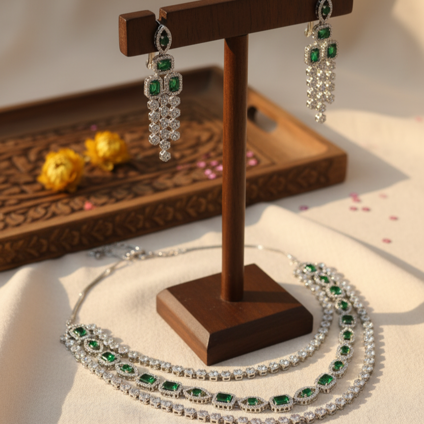 Anabia American Diamond Bridal Royal Three Layered Green Necklace and Mangtikka Set
