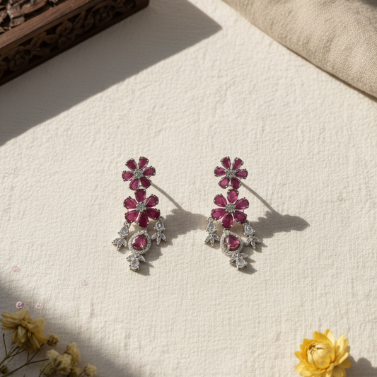 Riya Designer Moissanite Royal Pink AD Flower Drop Necklace and Mangtikka Set