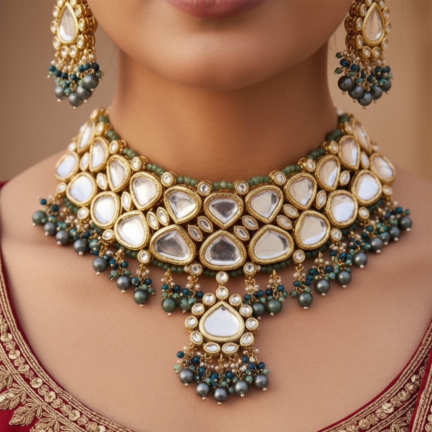 Traditional Heavy Bridal Kundan Grey Polki Drop Necklace and Mangtikka Set