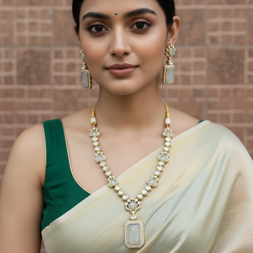 Mohini Kundan Moissanite Royal Long Pendent Necklace and Earrings Set