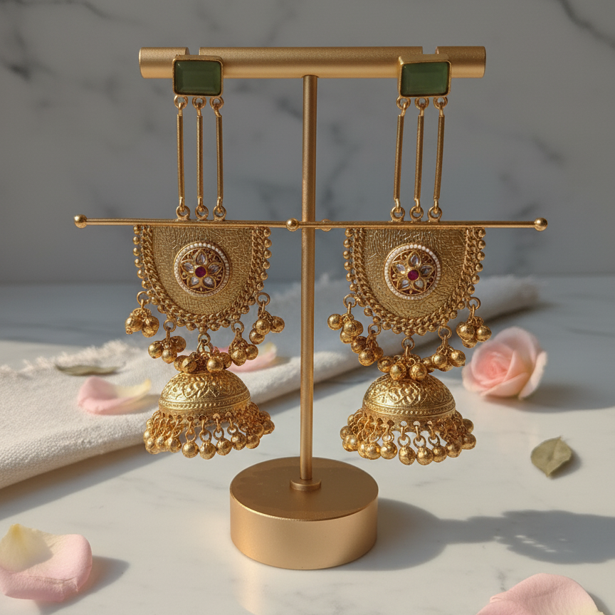 Kashmiri Shabnam Gold Plated Ghungroo Royal Jhumka Earrings
