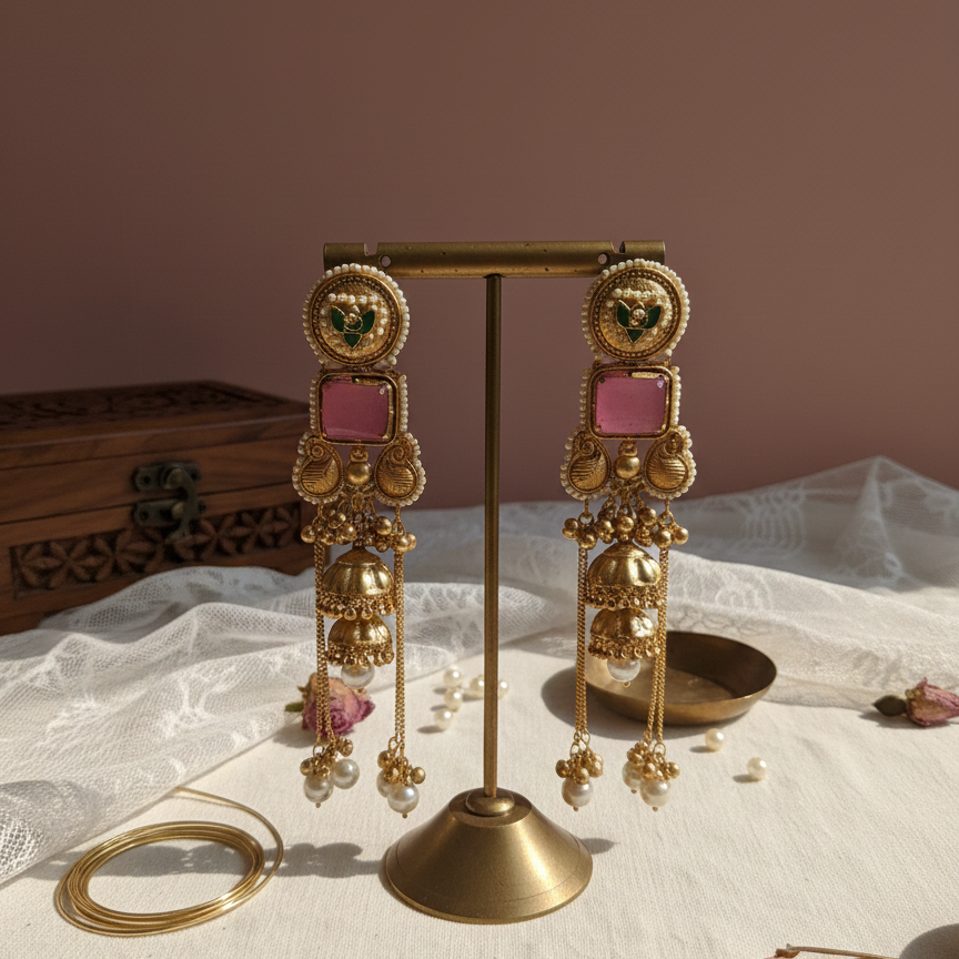 Kashmiri Royal Moissanite Meena Jhumka Ghungroo Earrings with Pearl Drops