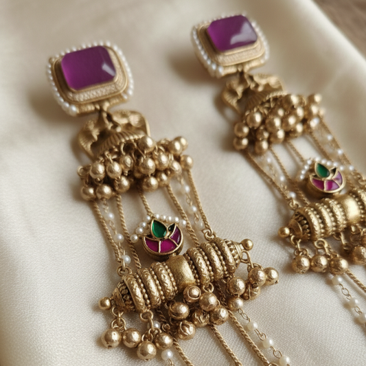 Kashmiri Royal Dholna Moissanite Jhumka Ghungroo Earrings with Pearl Drops