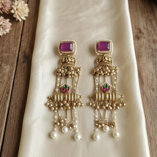 Kashmiri Royal Dholna Moissanite Jhumka Ghungroo Earrings with Pearl Drops
