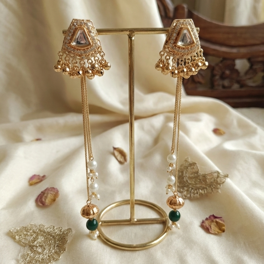 Designer Kashmiri Long Moissanite Jhumki Earrings Embellished with Ghungroo and Green Pearl Drop