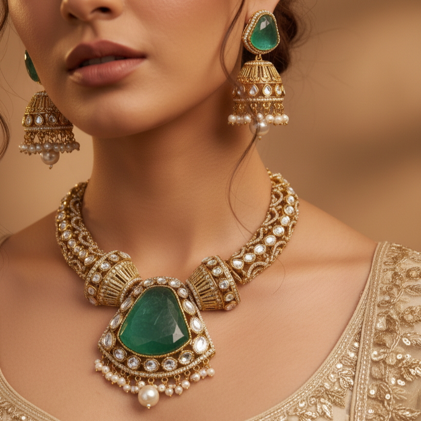 Traditional Heavy Bridal Gold Plated Moissanite Kundan Necklace and Earrings Set