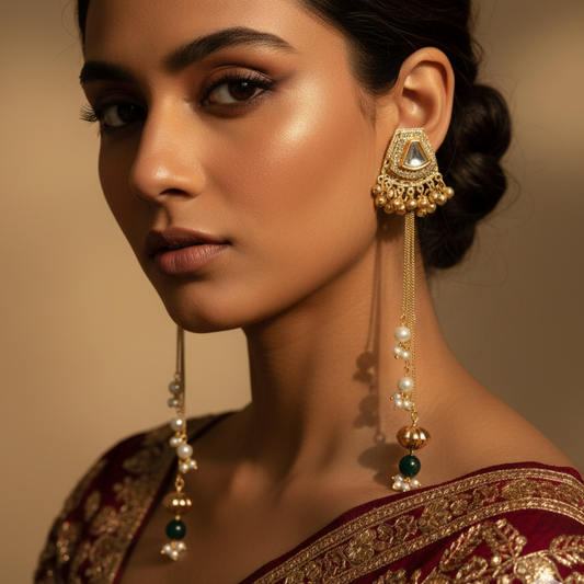 Designer Kashmiri Long Moissanite Jhumki Earrings Embellished with Ghungroo and Green Pearl Drop