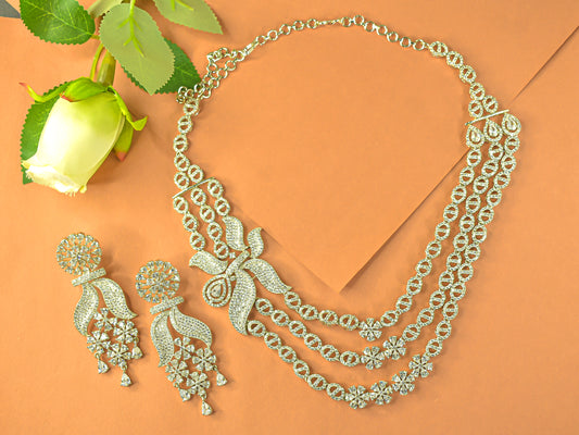 Menka Silver Polish White Stone CZ Designer Necklace Set