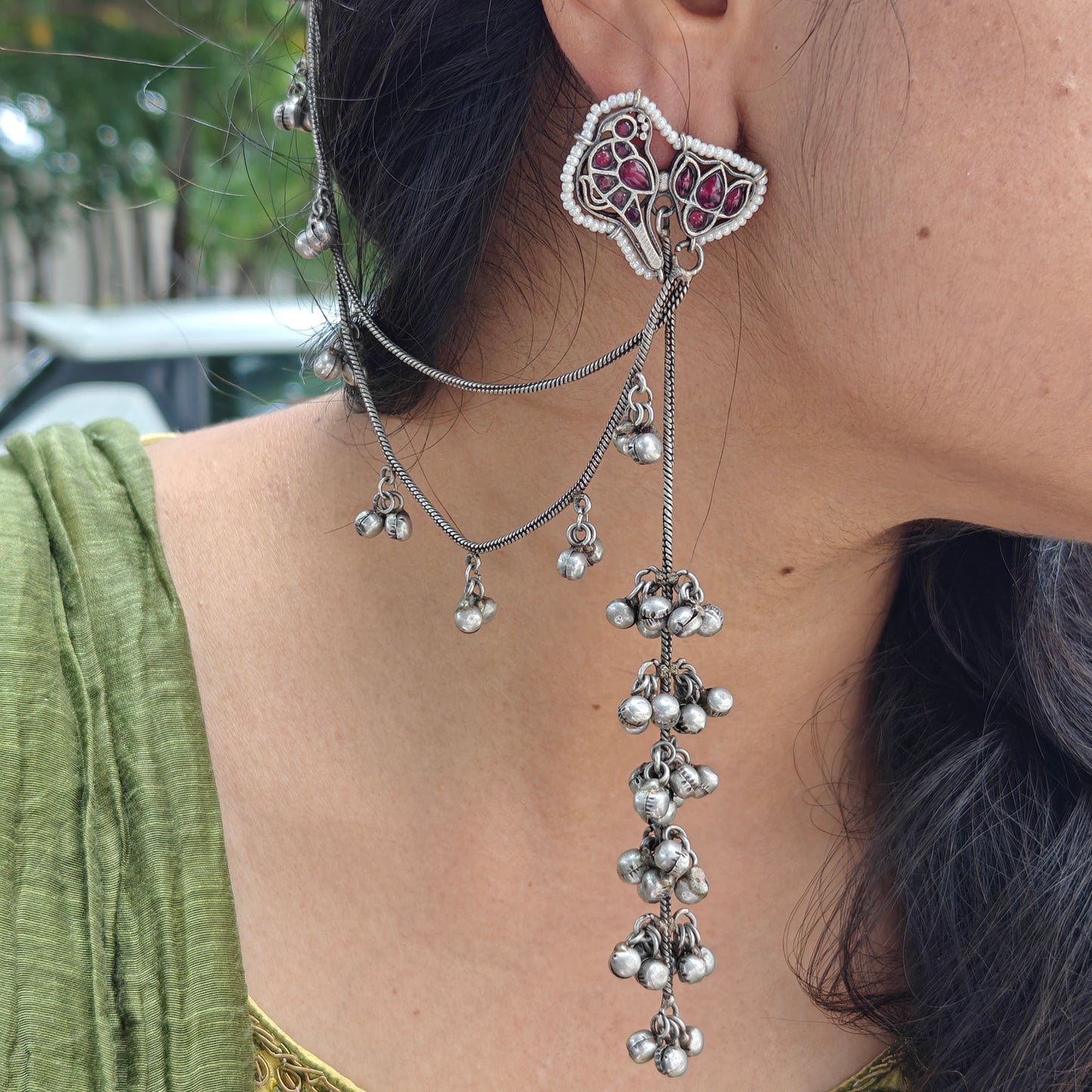 Oxidised Meena Long Hair Chain Earrings With Ghungroo