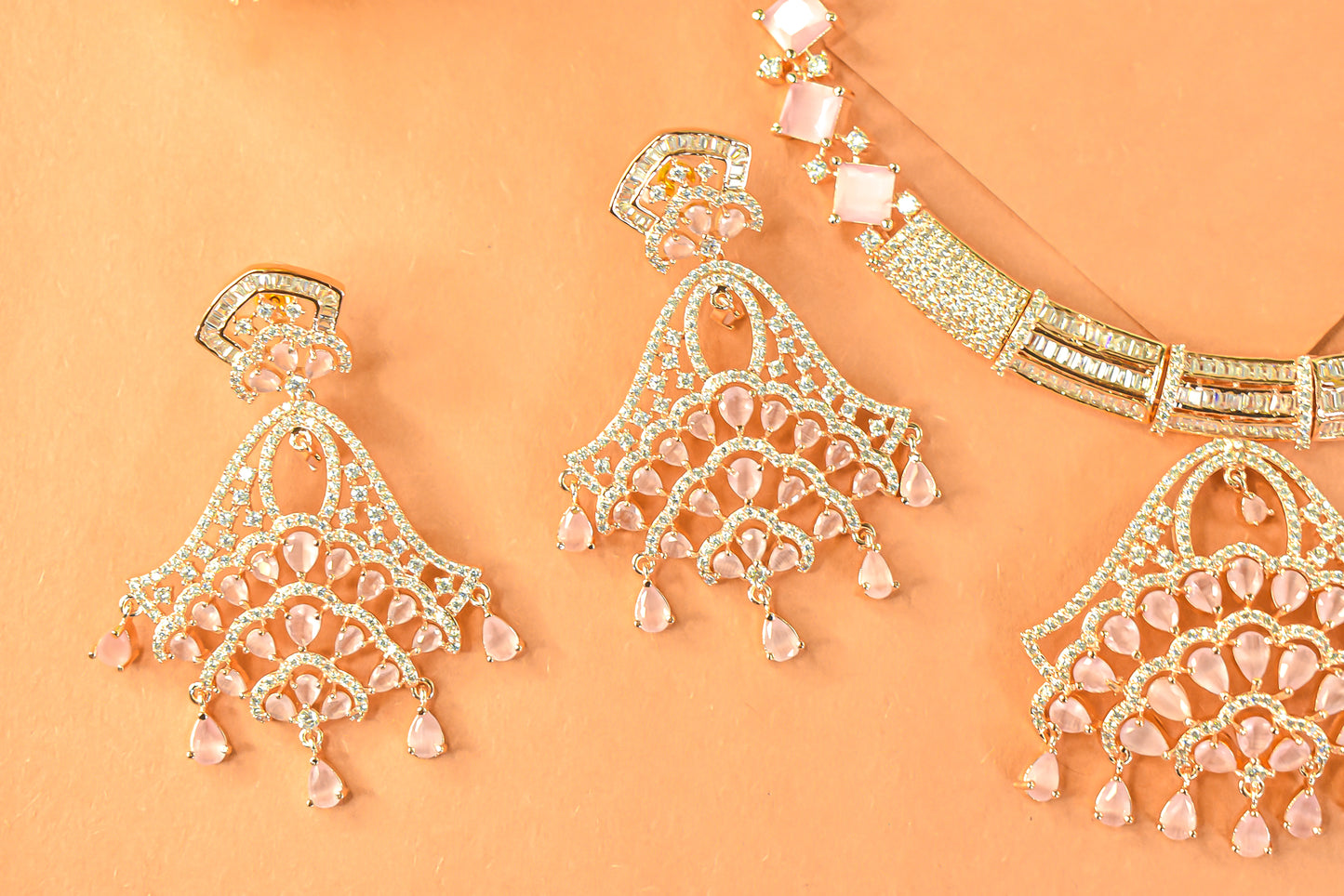 Swaragini Gold Polish Baby Pink CZ Necklace Set