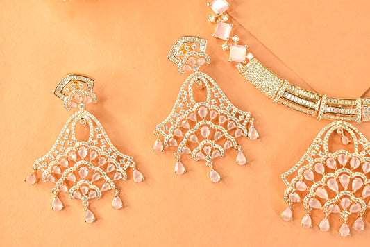 Swaragini Gold Polish Baby Pink CZ Necklace Set