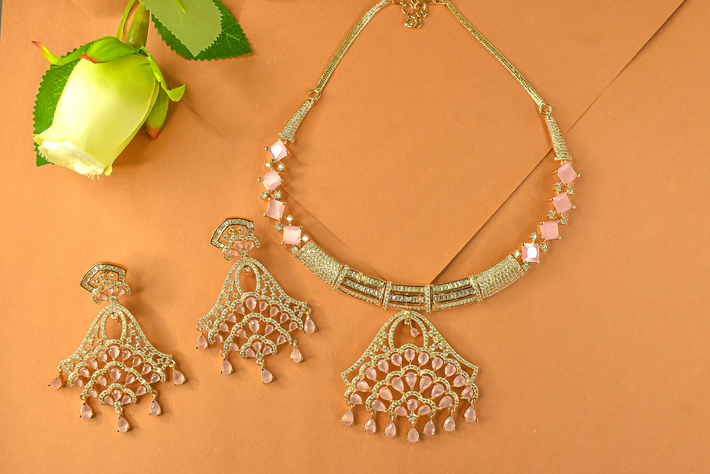 Swaragini Gold Polish Baby Pink CZ Necklace Set