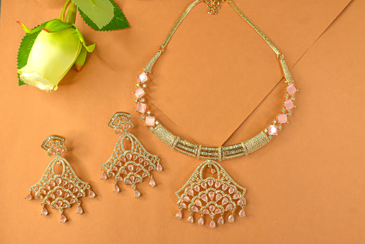 Swaragini Gold Polish Baby Pink CZ Necklace Set