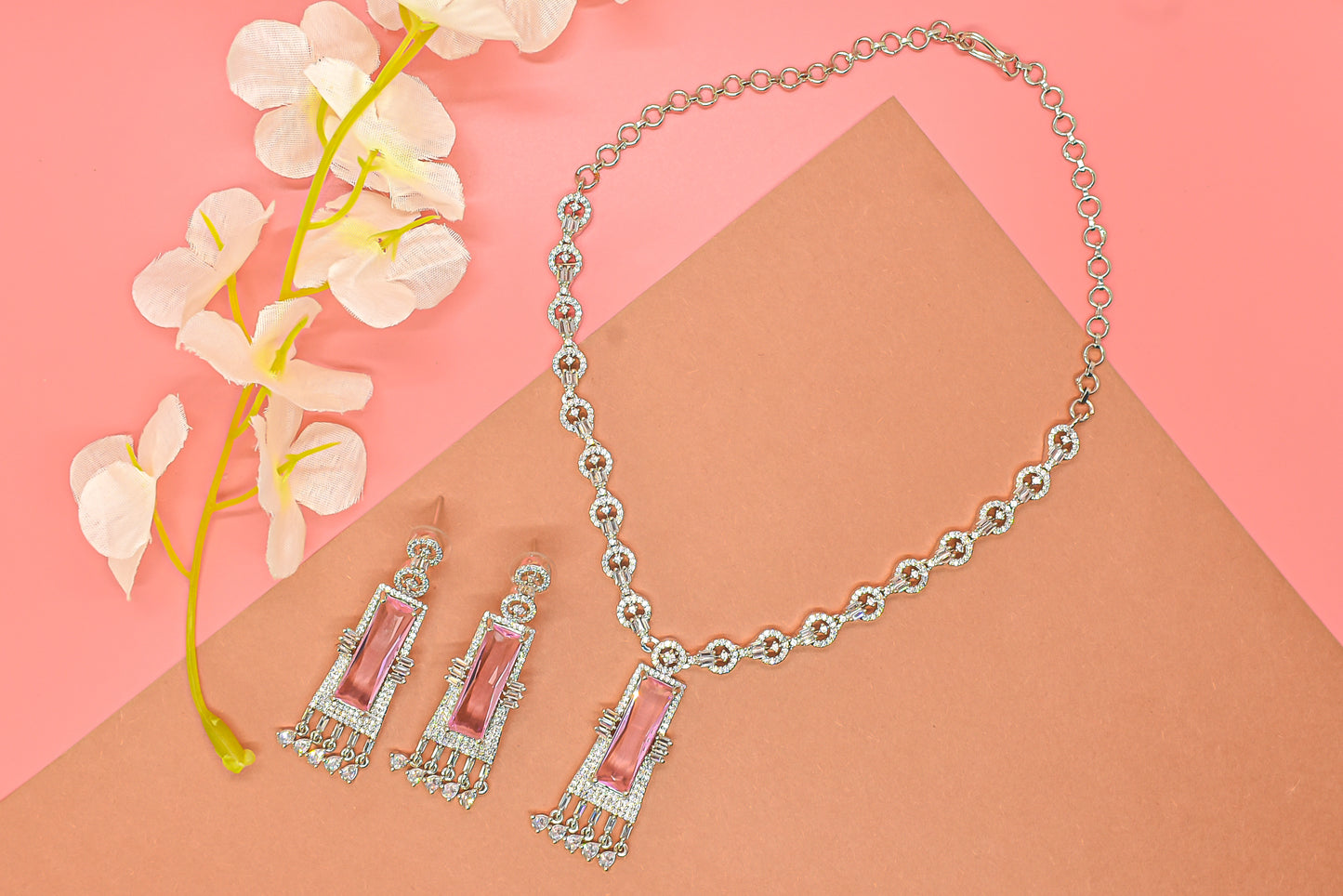 Vrushi Silver Polish Pastel Pink CZ Necklace Set
