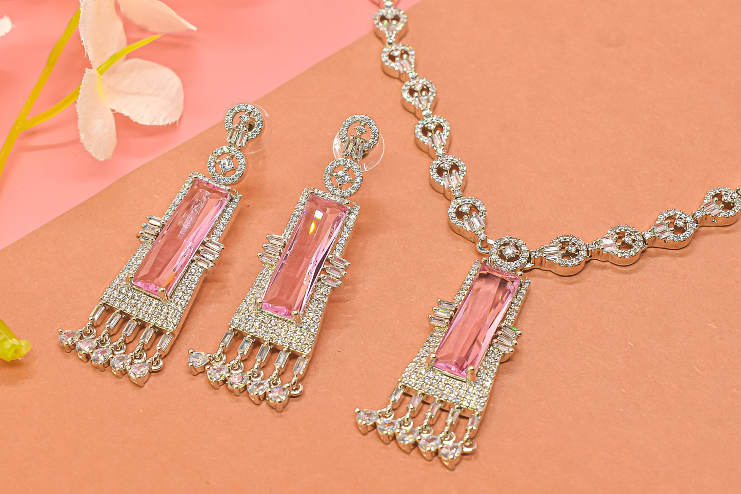 Vrushi Silver Polish Pastel Pink CZ Necklace Set