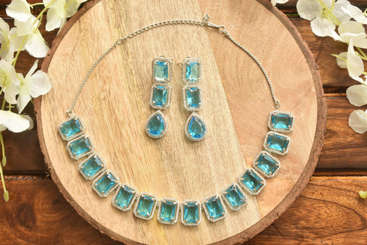 Yashvi Blue Stone Silver Polish CZ Designer Necklace Set