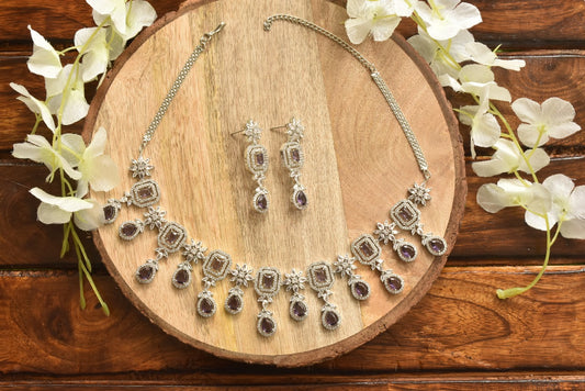 Zoha Brown Stone Silver Polish CZ Designer Necklace Set