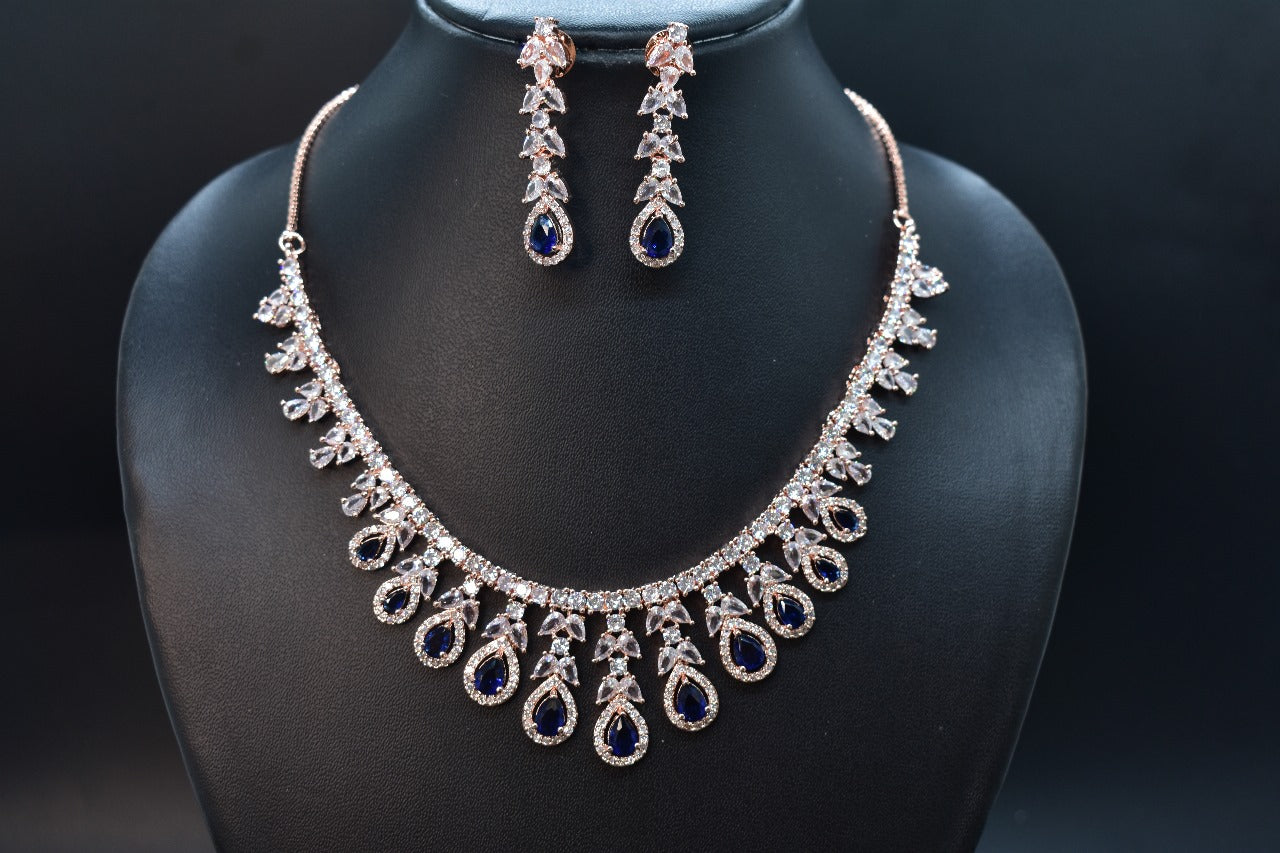 Kiyaa Rose Gold Polish CZ Designer Necklace Set