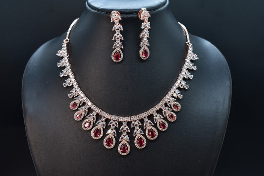 Kiyaa Rose Gold Polish CZ Designer Necklace Set