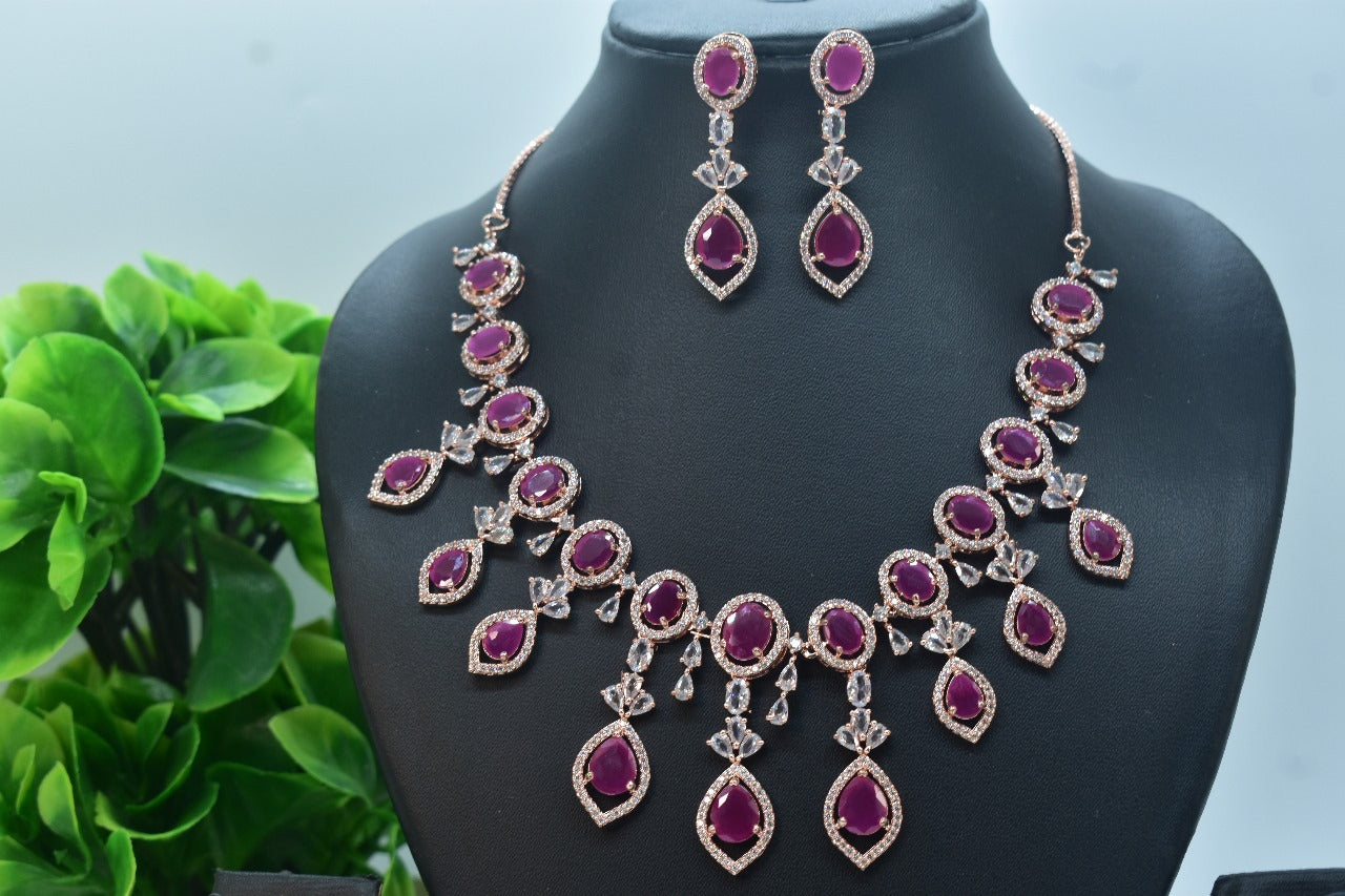 Aarvika Rose Gold Polish CZ Designer Necklace Set