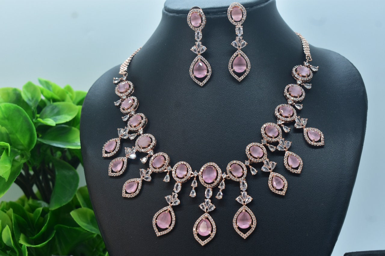 Aarvika Rose Gold Polish CZ Designer Necklace Set