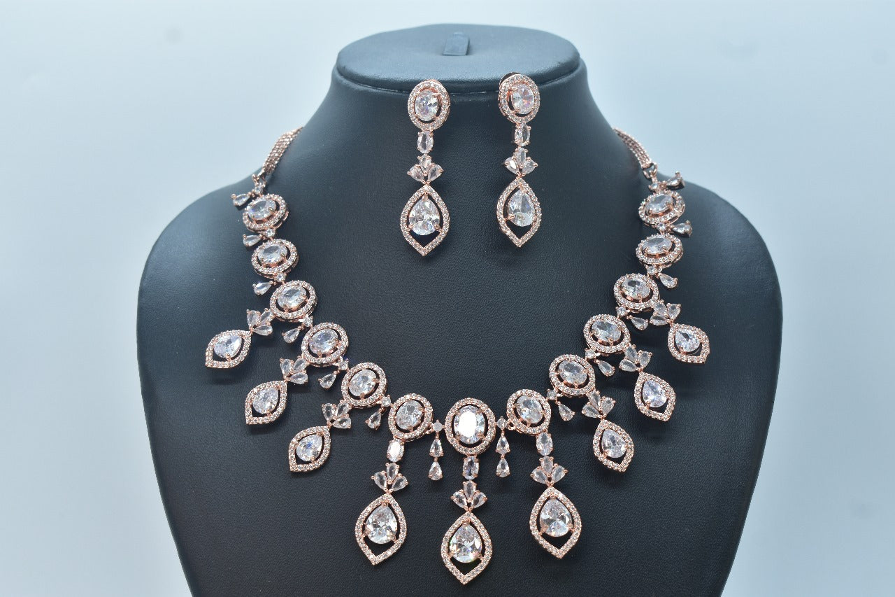 Aarvika Rose Gold Polish CZ Designer Necklace Set
