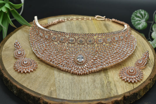 Yara Rose Gold Polish CZ Designer Necklace Set