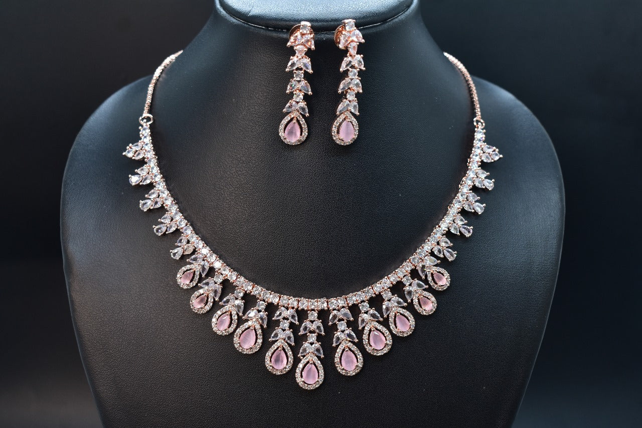 Kiyaa Rose Gold Polish CZ Designer Necklace Set