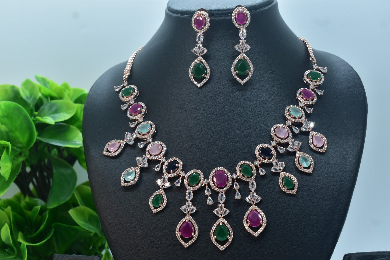Aarvika Rose Gold Polish CZ Designer Necklace Set