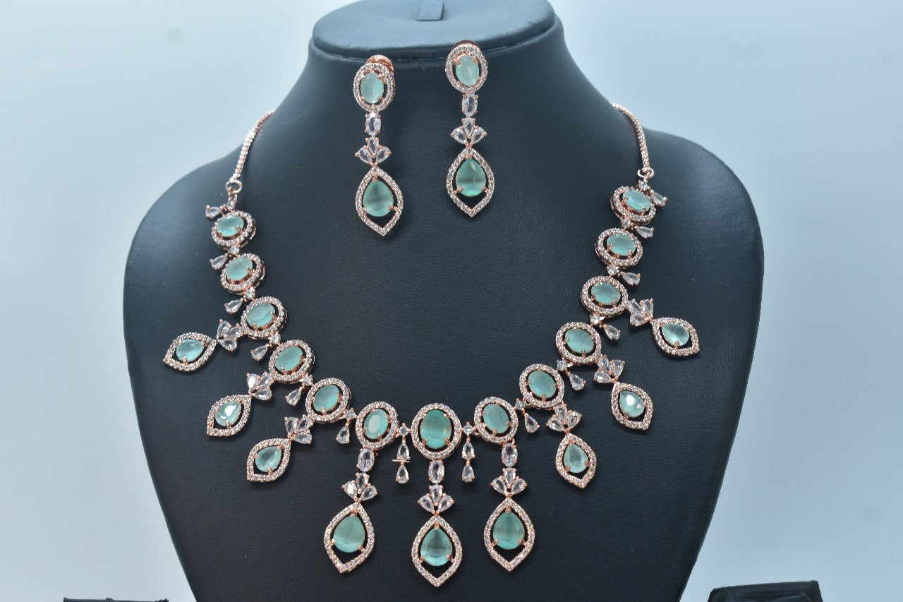 Aarvika Rose Gold Polish CZ Designer Necklace Set