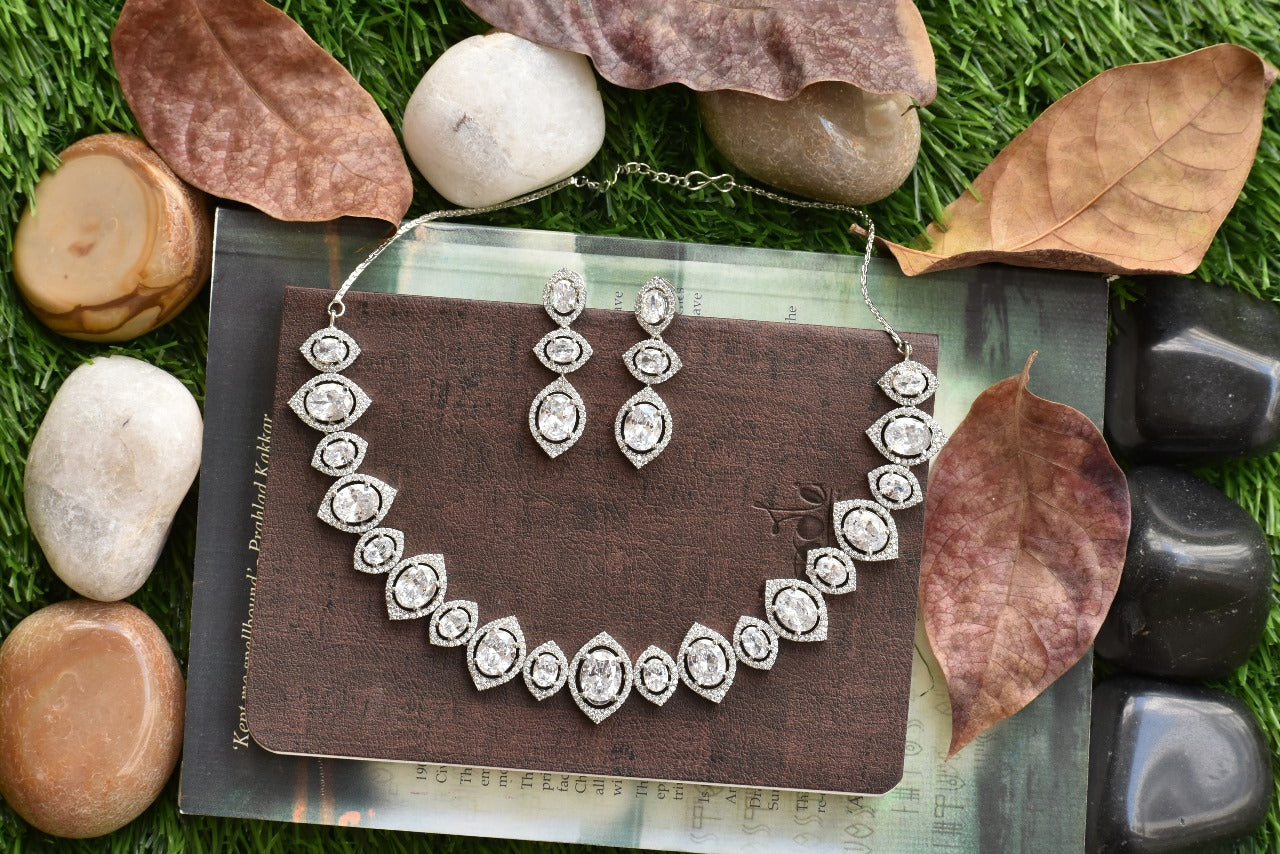 Yuvika Silver Polish CZ Designer Necklace Set