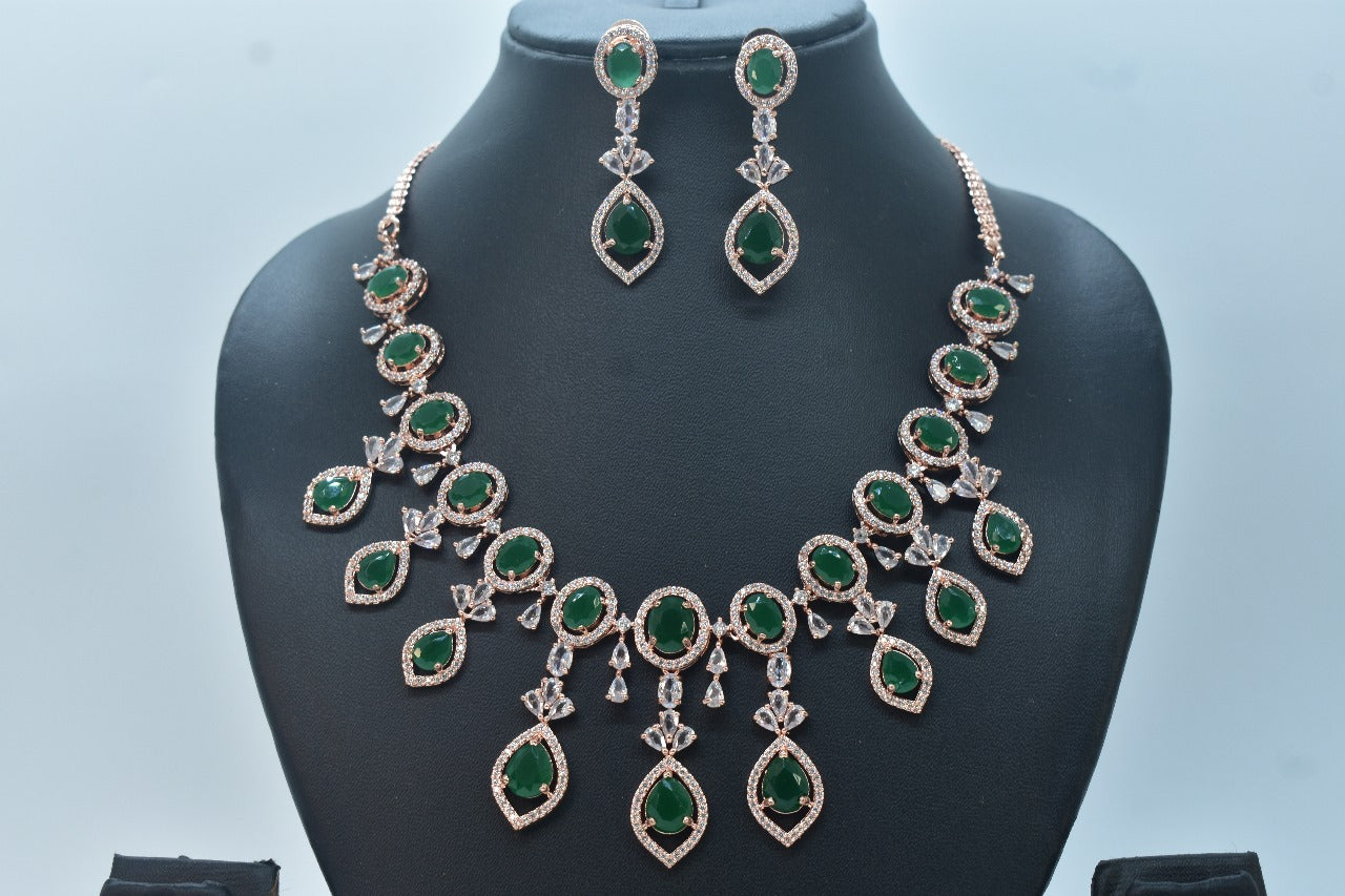 Aarvika Rose Gold Polish CZ Designer Necklace Set