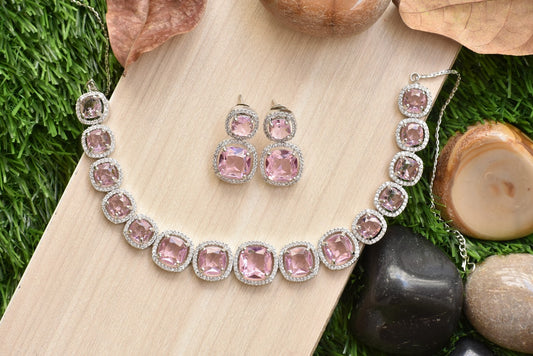 Bhavya Silver Polish CZ Designer Necklace Set