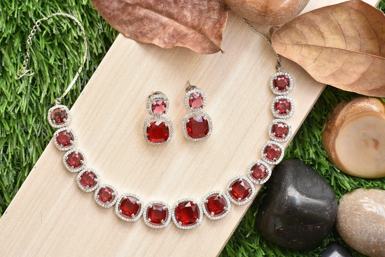 Bhavya Silver Polish CZ Designer Necklace Set