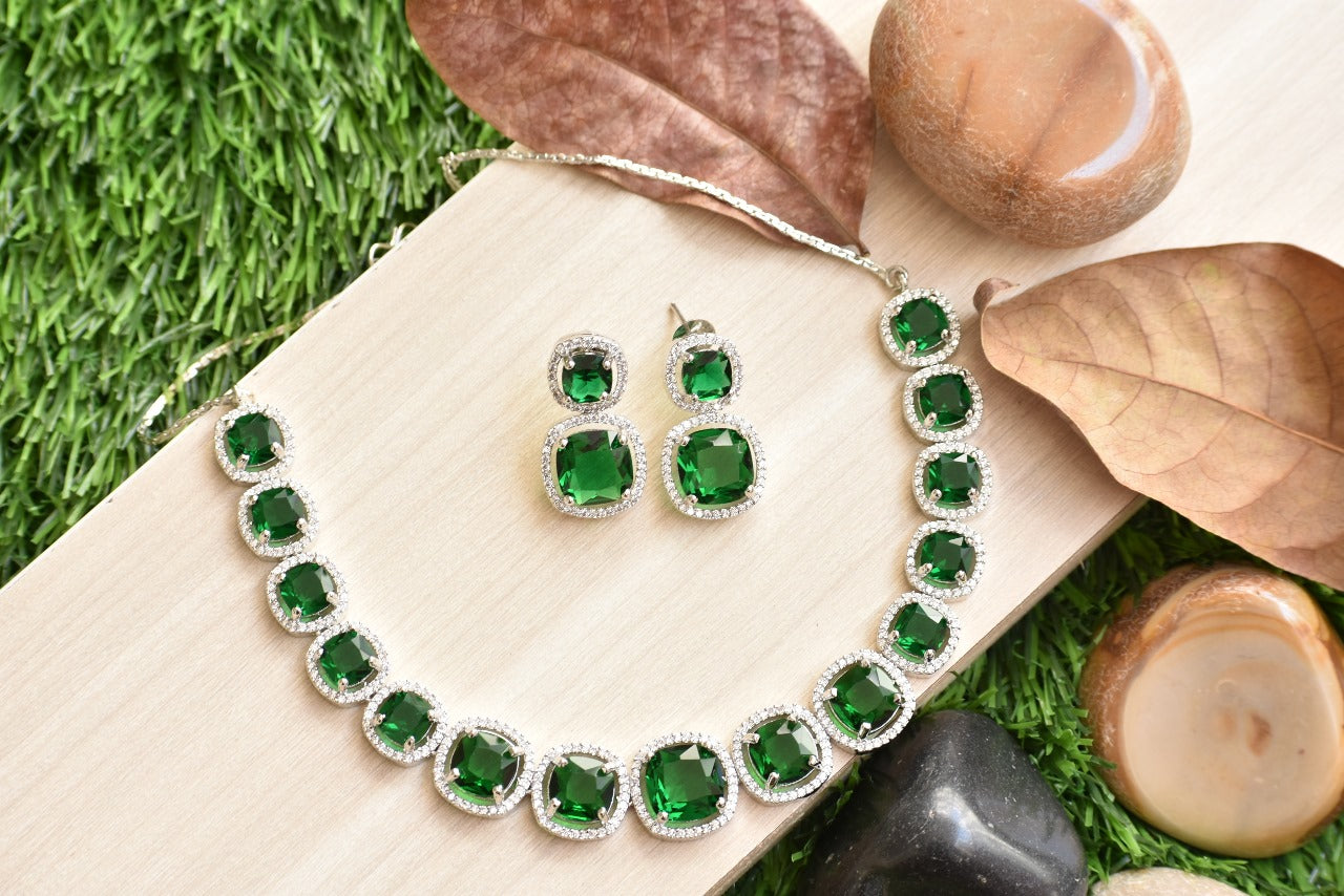Bhavya Silver Polish CZ Designer Necklace Set