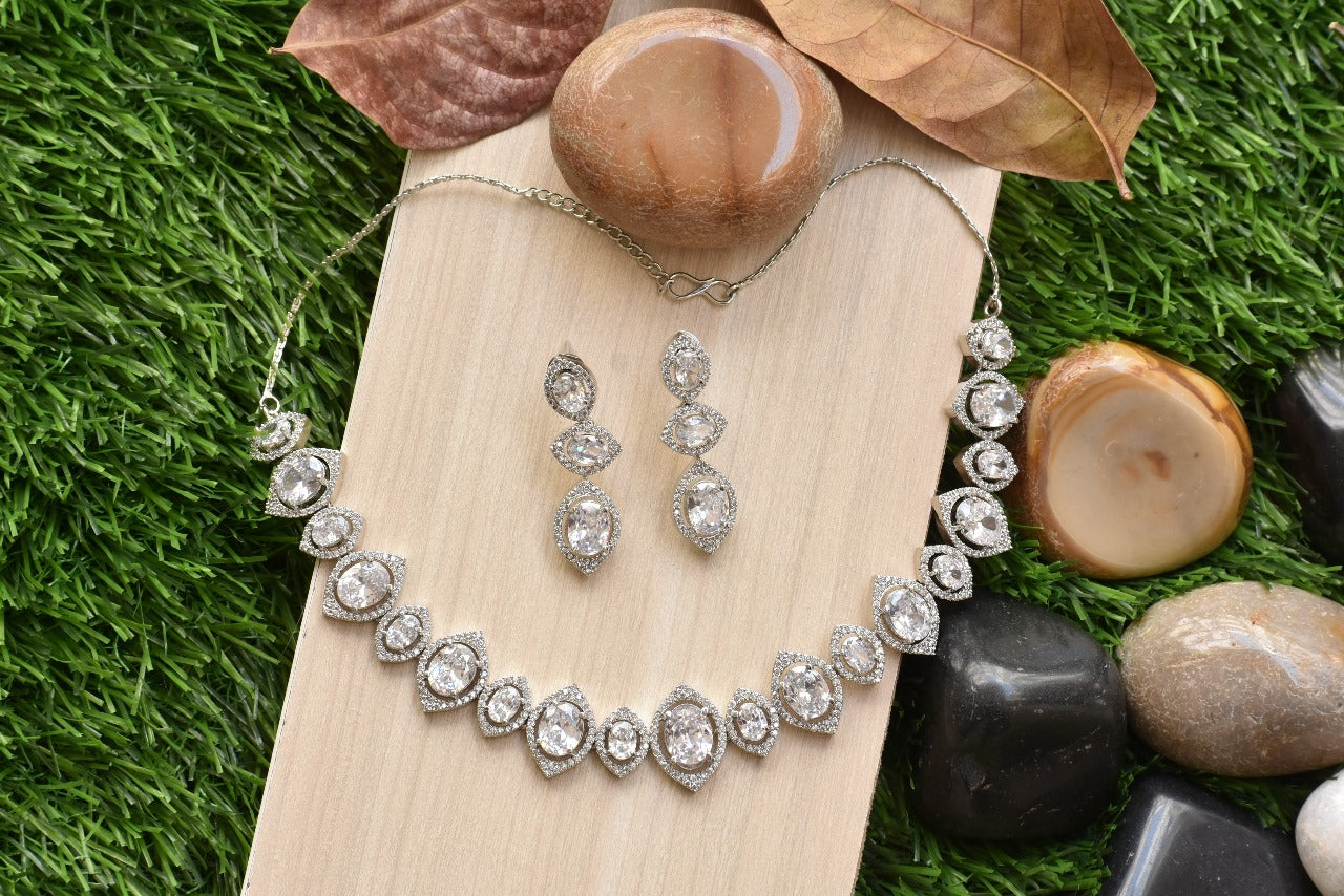 Yuvika Silver Polish CZ Designer Necklace Set