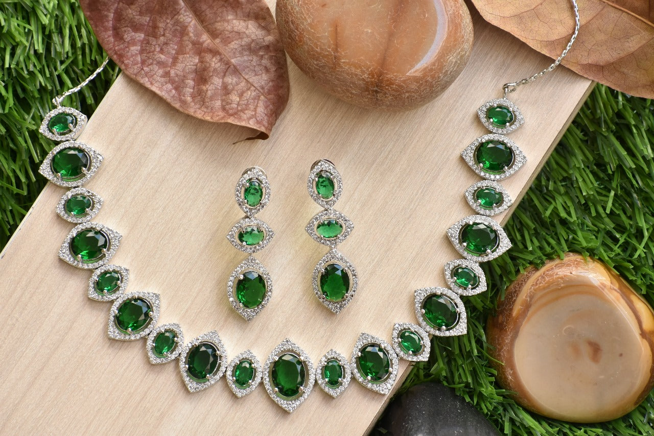 Yuvika Silver Polish CZ Designer Necklace Set