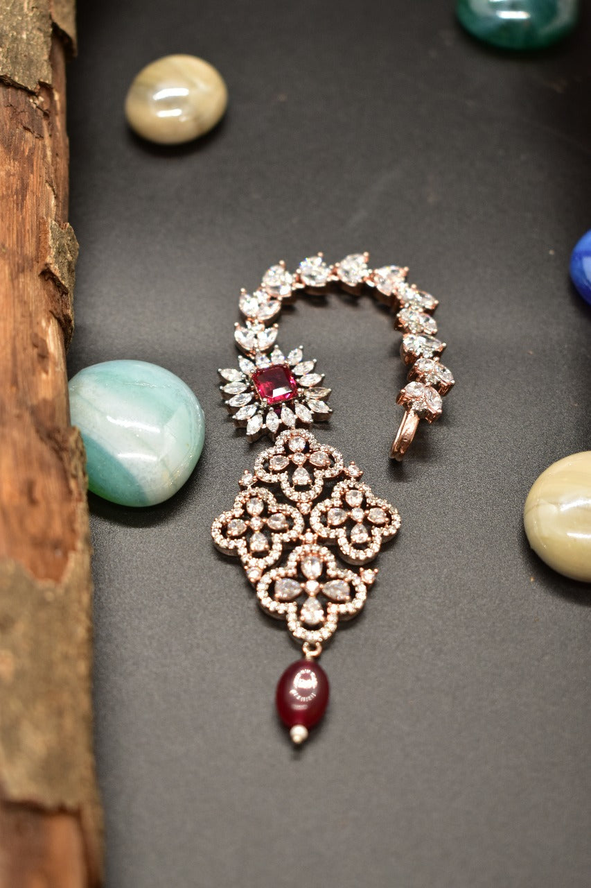 AD diamond shaped mang tikka with red gemstones with marron drop