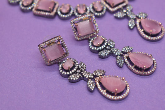 Zoey Black Polish Pastel Pink stone CZ Designer Necklace Set
