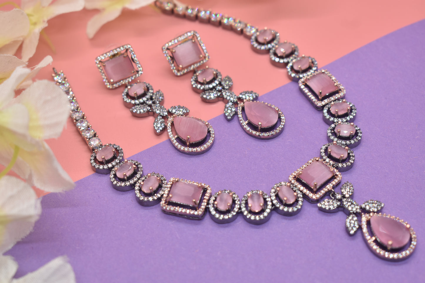 Zoey Black Polish Pastel Pink stone CZ Designer Necklace Set